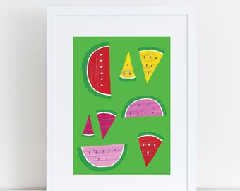 Watermelon art print, Summer fruits, Watermelon print, Food illustration, Fruits poster