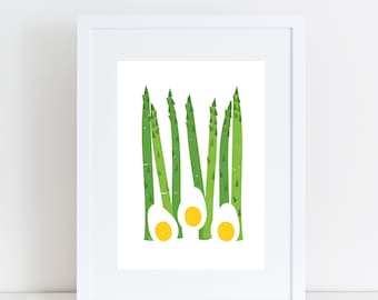 Asparagus and eggs, Eggs, Botanical art print, Asparagus poster, Vegetables poster, Vegan, Asparagus poster, Wall art print, Gift idea