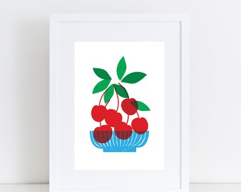 Cherry art print, Summer fruit print, Cherry food art, Gift idea, Cherry poster, Wall art, Gift idea, Home decor, Fruits art, Fruits poster