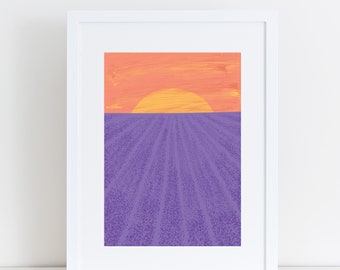 Sunset Over Lavender Field, Lavander field art print, Sunset art, Landscape art, Abstract landscape art, Provansa, French poster