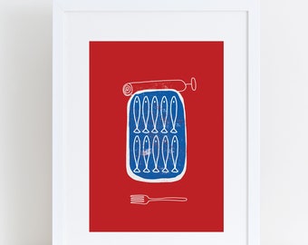 Sardines art print, Seafood Poster, Food illustration, Kitchen art