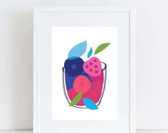 Fruit art print, Fruit poster, Illustration art, Summer poster, Kitchen poster, Strawberry, Blueberry, Smoothie, Poster, Gift idea, Wall art