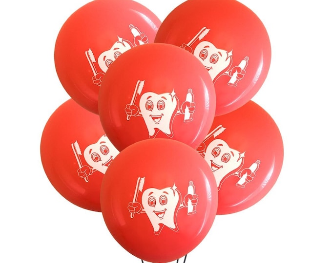 12 Pack Red Tooth Balloons, Dentist Balloons, Orthodontist Balloons, Toothbrush Balloons, Dental Party Balloons, Red Party Balloons
