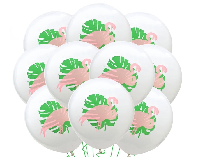 Pink Flamingo Balloons 12", Flamingo Birthday Balloons, Tropical Bird Theme Decor, Palm Leaf Balloons, Flamingo Party