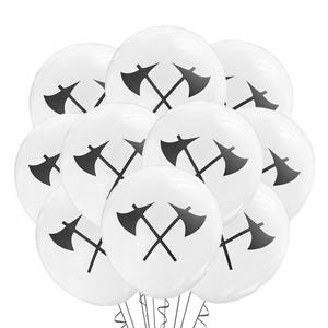 May include: A bunch of white balloons with black crossed axes printed on them.