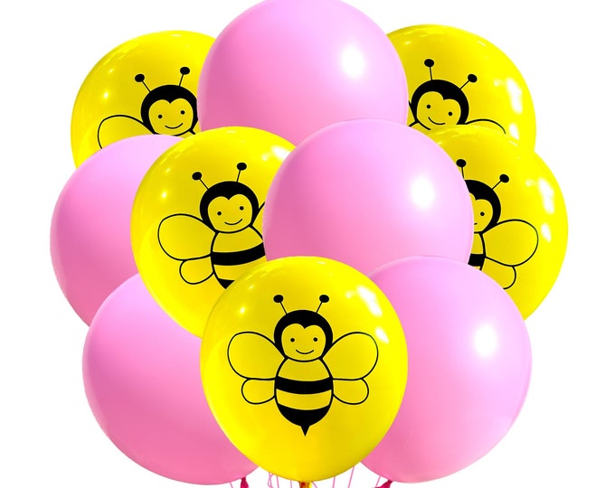 12 Pack Pink Bee Theme Balloons, 12" Bumble Bee Polka Dot Balloons, Yellow Bee Print Party Balloons, Honey Bee Theme, Baby Shower Balloons