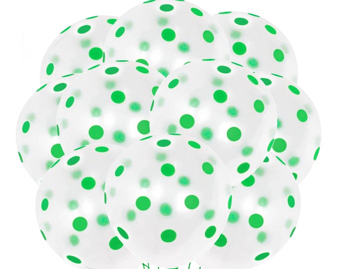 Polka Dots Balloons, 12" Transparent Balloons Green Dot Party Balloons, Green Themed party decor clear balloons with green dots