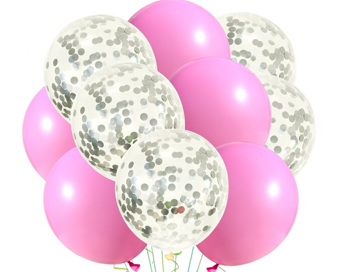 Solid Pink Balloons, Silver Sequin Balloons 12", Latex Party Balloons Pink and Silver Confetti Balloons, Pink Party Event Decoration