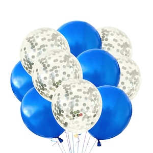 Gloss Blue Solid Balloons, Silver Sequin Balloons 12&quot;, Latex Party Balloons Blue and Silver Confetti Balloons, Party Event Decoration