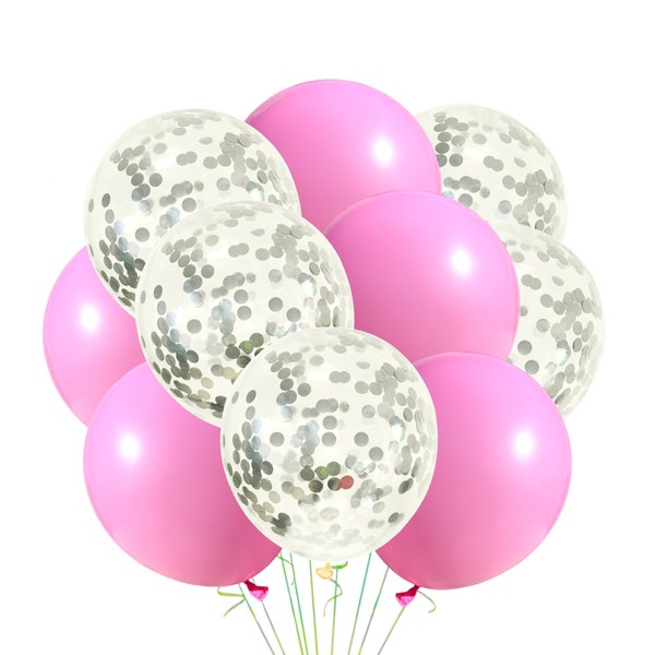 Solid Pink Balloons, Silver Sequin Balloons 12", Latex Party Balloons Pink and Silver Confetti Balloons, Pink Party Event Decoration