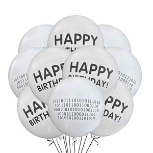 May include: A bunch of white balloons with black text that says "Happy Birthday!" in binary code and regular text.
