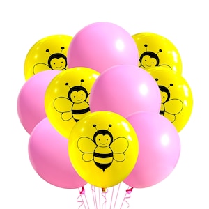 12 Pack Pink Bee Theme Balloons, 12&quot; Bumble Bee Polka Dot Balloons, Yellow Bee Print Party Balloons, Honey Bee Theme, Baby Shower Balloons