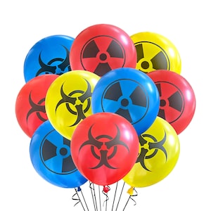 May include: A bunch of colorful balloons with black biohazard symbols. The balloons are red, yellow, and blue.