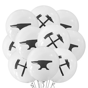 May include: A cluster of white balloons with black anvil and hammer graphics. The balloons are round and inflated, with the tools printed in a bold, simple style. The balloons are tied together at the bottom.