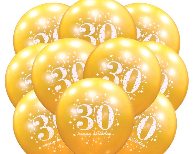 12 Pack 30th Gold Happy Birthday Balloons, 12" Golden Balloons Birthday Party Balloons, Thirtieth Birthday Balloons, The Big 30 Balloons