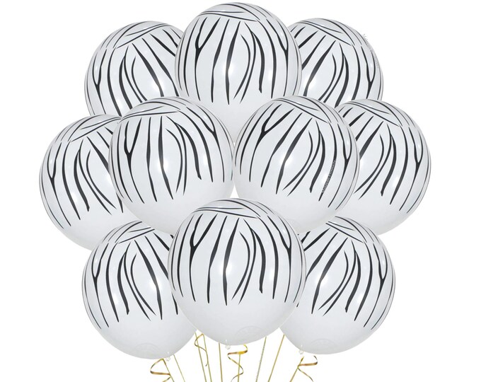Zebra Balloons, 12" Animal Balloons Zebra Print party balloons, Safari Theme decor, black and white Stripes White Tiger Balloons