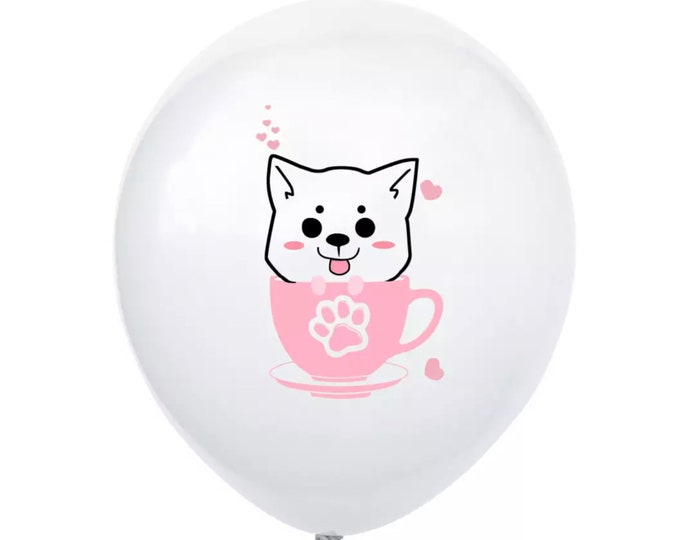 12 Pack Dog Balloons, 12" Tea Cup Dog Balloons, Puppy Print Party Balloons, Pink & White Animal Balloons, Birthday Baby Shower Balloons