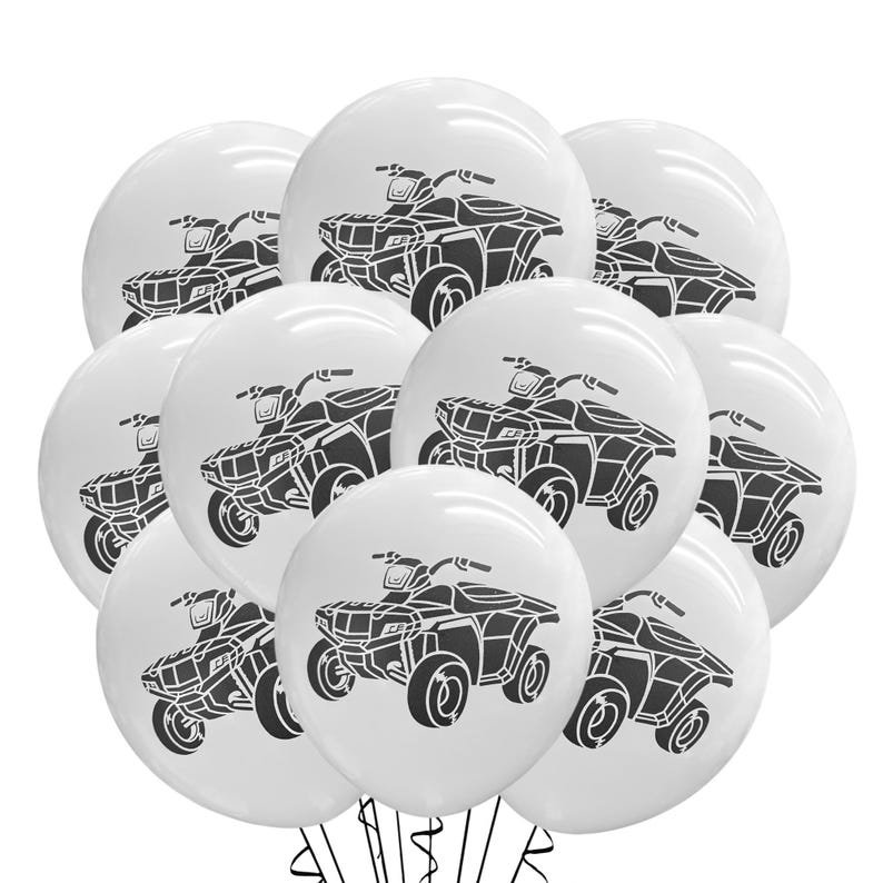 Pu&ograve; includere: Palloncini bianchi con un design di quad neri. I palloncini sono raggruppati, con la grafica del quad ben visibile su ciascuno. Nastri neri legano i palloncini, creando un aspetto festoso e celebrativo.