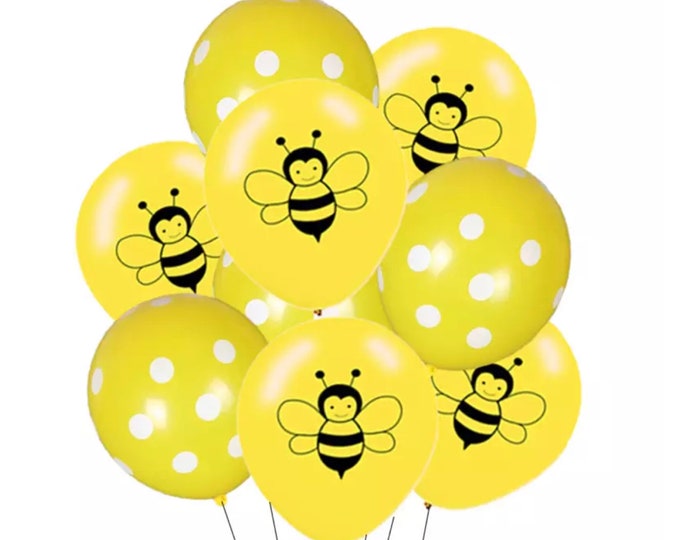 12 Pack Bee Theme Balloons, 12" Bumble Bee Polka Dot Balloons, Yellow Bee Print Party Balloons, Honey Bee Theme Decor, Baby Shower Balloons