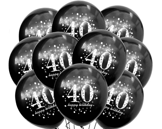 40th Birthday Balloons, 12" 40th Happy Birthday Balloons Black, Forty Party Balloons, 40th Theme Décor, Black 40th Birthday Ideas, Latex