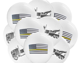 May include: White balloons with black and yellow graphics. Some balloons feature an American flag with a yellow stripe, while others display a tow truck silhouette. A festive and patriotic theme.