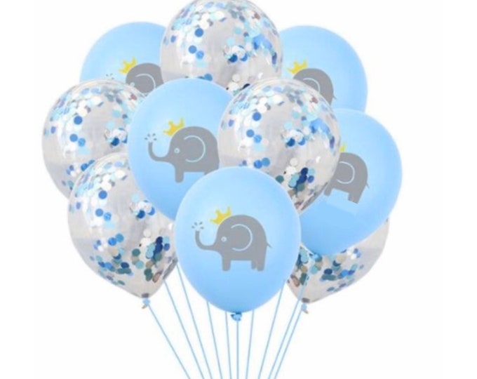 Elephant Baby Shower Balloons, Elephant Balloons, Baby Shower Decorations, Boy Baby Shower Balloon Ideas, Blue Confetti Balloons