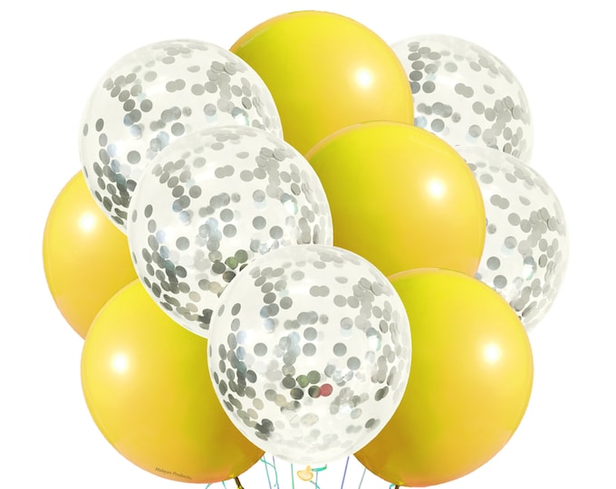 Gloss Yellow Balloons, Silver Sequin Balloons 12", Latex Party Balloons Yellow and Silver Confetti Balloons, Yellow Theme Party Decoration