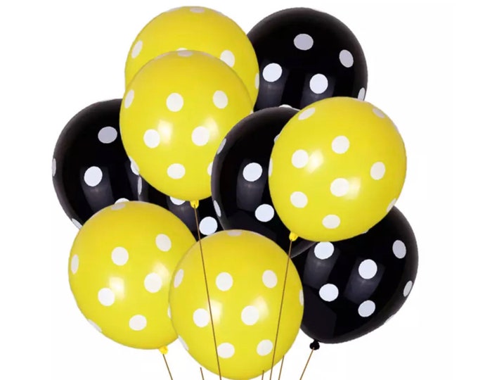 12 Pack Polka Dot Balloons, 12" Bumble Bee Balloons, Black & Yellow Print Party Balloons, Polka Dot Theme Decor, Birthday Party Balloons