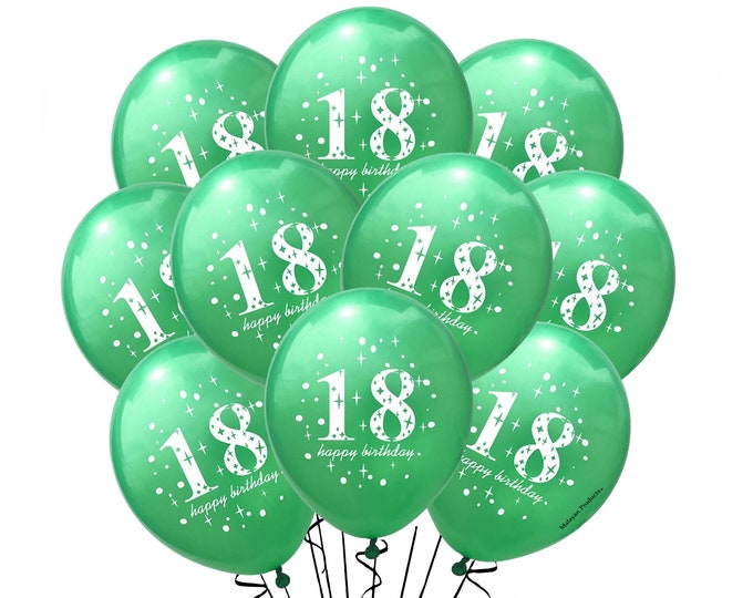 18th Happy Birthday Balloons, 12" Green Balloons Birthday Print Party Balloons, 18th Theme Decor, Adult Birthday Balloons,