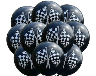12 Pack Premium Checkered Racing Flag Balloons 10&quot; Racing Party Balloons, Racing party Decor, Car Party Decor, Car Balloons, Black And White