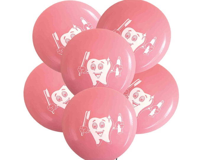 12 Pack Pink Tooth Balloons, Dentist Balloons, Orthodontist Balloons, Toothbrush Balloons, Dental Party Balloons