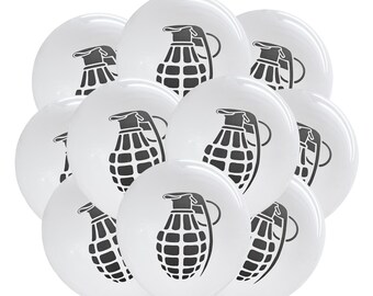 May include: A cluster of white balloons, each printed with a black graphic of a grenade. The balloons are inflated and arranged closely together, with black ribbons at the bottom.