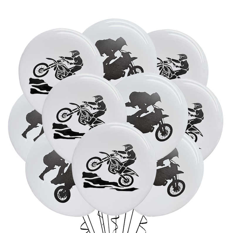 May include: A collection of white balloons with black silhouettes of motocross riders and motorcycles. The balloons are tied together with black ribbon, creating a festive and action-packed theme.