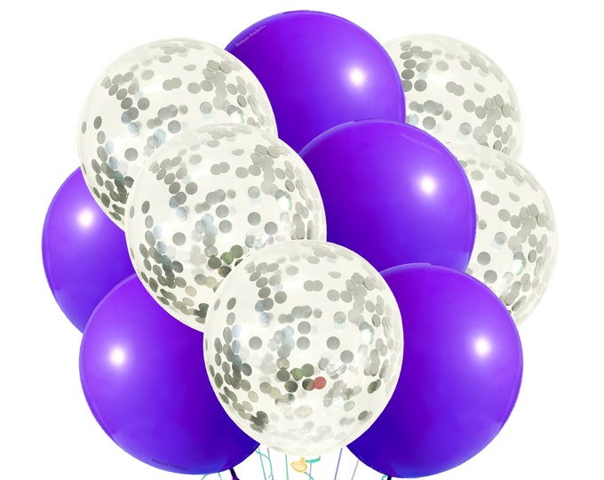 Solid Purple Balloons Gloss, Silver Sequin Balloons 12", Latex Party Balloons Purple & Silver Confetti Balloons, Purple Party Theme