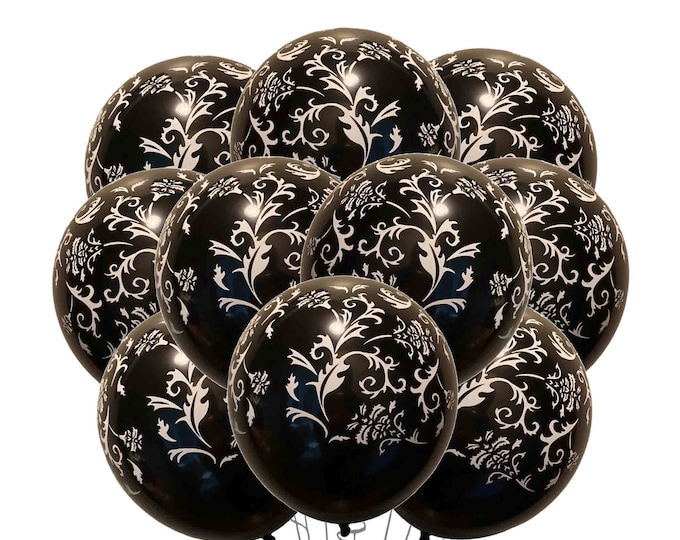 12 Pack Black Masquerade Balloons, 12" Fancy Balloons, Party Balloon, Masquerade Ball Theme Decor, Damask Design Balloon Bouquet