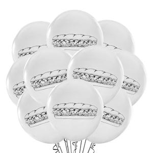 May include: A cluster of white balloons, each printed with a black and white illustration of a sandwich. The balloons are round and inflated, suitable for a party or event.