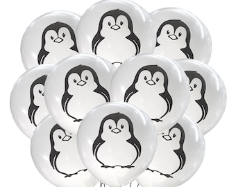 May include: A bunch of white balloons with black penguin designs.