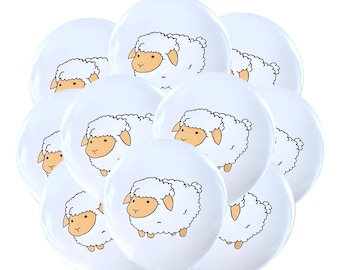 May include: A cluster of white balloons, each featuring a cartoon illustration of a fluffy sheep with a tan face and ears. The sheep are depicted with simple black outlines, showcasing a rounded body and woolly texture, arranged in a group.