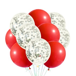 Gloss Red Solid Balloons, Silver Sequin Balloons 12&quot;, Latex Party Balloons Red and Silver Confetti Balloons, Red Party Theme Celebration