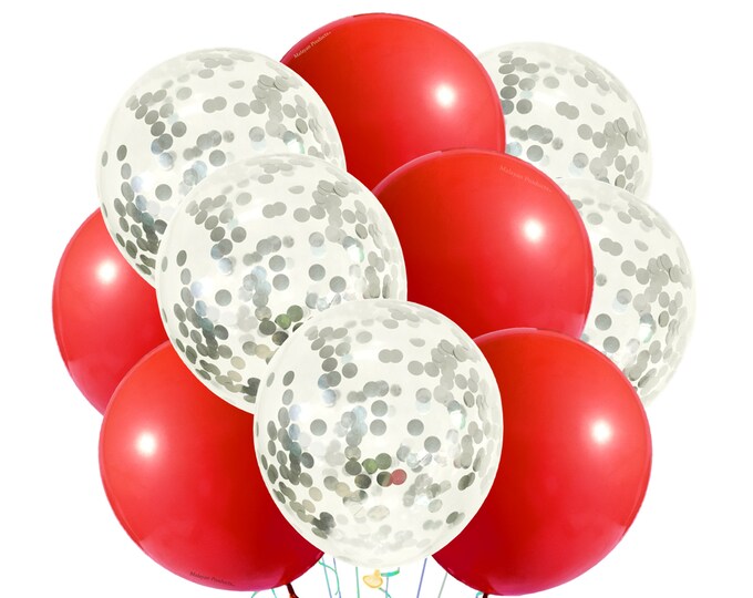 Gloss Red Solid Balloons, Silver Sequin Balloons 12", Latex Party Balloons Red and Silver Confetti Balloons, Red Party Theme Celebration