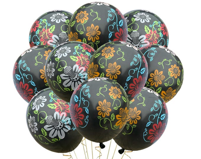 12ct Black Flower Balloons, Floral Balloons, Flower Birthday, Garden Birthday Party Balloons, Pretty Balloons, Elegant Balloons
