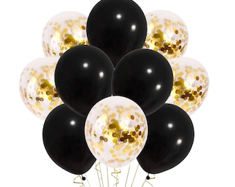 MIX Gold Confetti & Solid Black Balloons, 50th Anniversary Balloons Decorations 12 Inch Balloons Golden Wedding Balloon Bouquet 12 pack