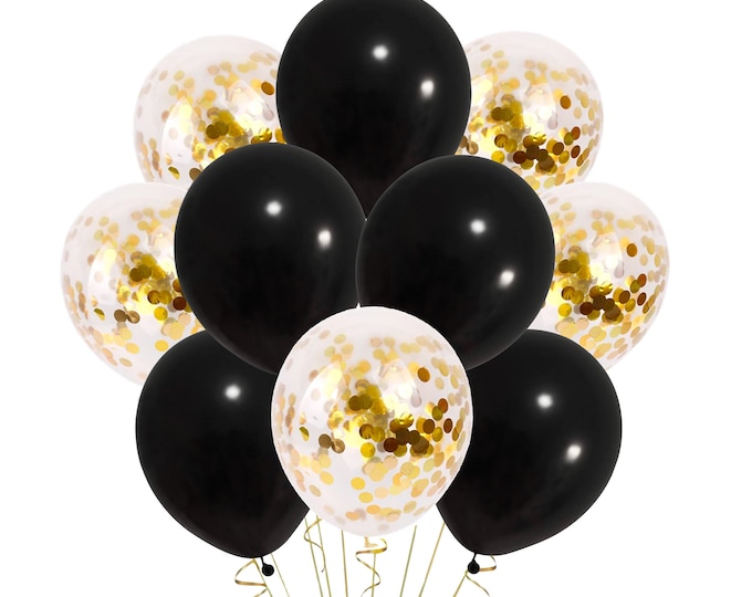 MIX Gold Confetti & Solid Black Balloons, 50th Anniversary Balloons Decorations 12 Inch Balloons Golden Wedding Balloon Bouquet 12 pack