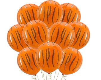 May include: A bunch of orange and brown tiger stripe balloons.