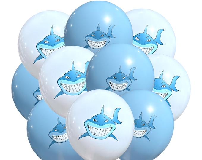 12 PACK Shark Balloons, Shark Birthday Balloons, Ocean Balloons, Shark party decor, Kids Birthday party Balloons, Shark Week, Shark Party