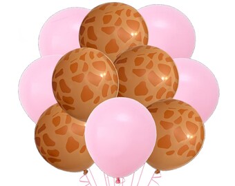 12 Pack Giraffe & Pink Balloons, 12" Giraffe Spot Print Party Balloons, Giraffe Girl Balloons, Jungle Balloons, Pink Giraffe Balloon Bouquet