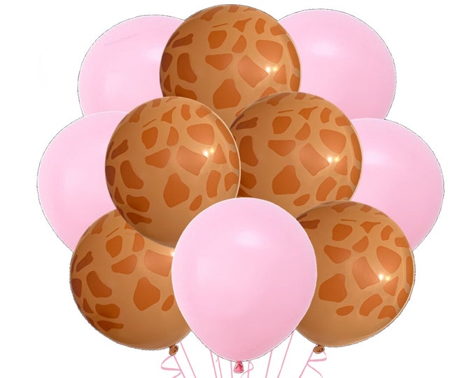 12 Pack Giraffe & Pink Balloons, 12" Giraffe Spot Print Party Balloons, Giraffe Girl Balloons, Jungle Balloons, Pink Giraffe Balloon Bouquet