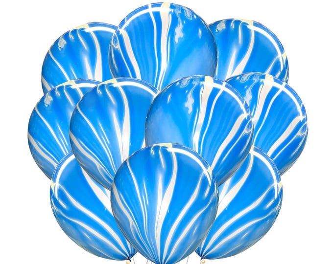 12 Blue Marble Balloons, 12" Blue White Swirls Balloons Blue Tie Dye Party Balloons, Blue Themed Party Decor, Blue and White latex balloons
