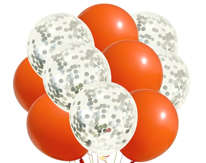 Gloss Orange Balloons, Silver Sequin Balloons 12", Latex Party Balloons Orange and Silver Confetti Balloons, Orange Theme Party
