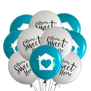 May include: A bunch of blue and white balloons with the text "Home Sweet Home" printed on them.